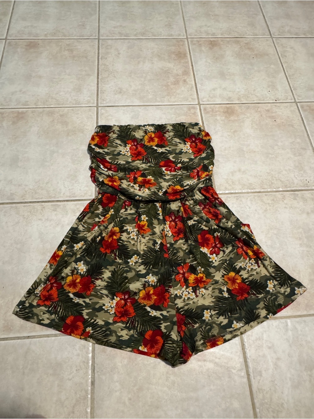 Love Floral Strapless Romper in Olive Green, Red and Orange